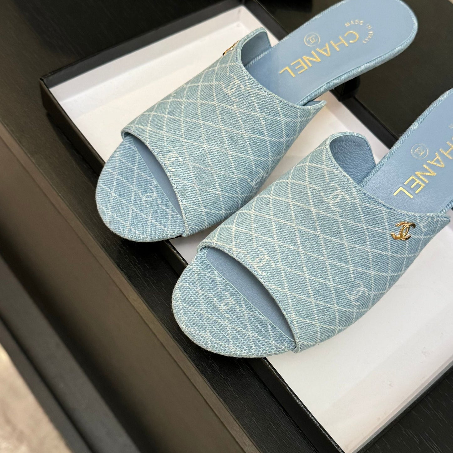 PEEP TOE MULE 55MM IN SKY BLUE DENIM CHECKERED AND LOGO - 35