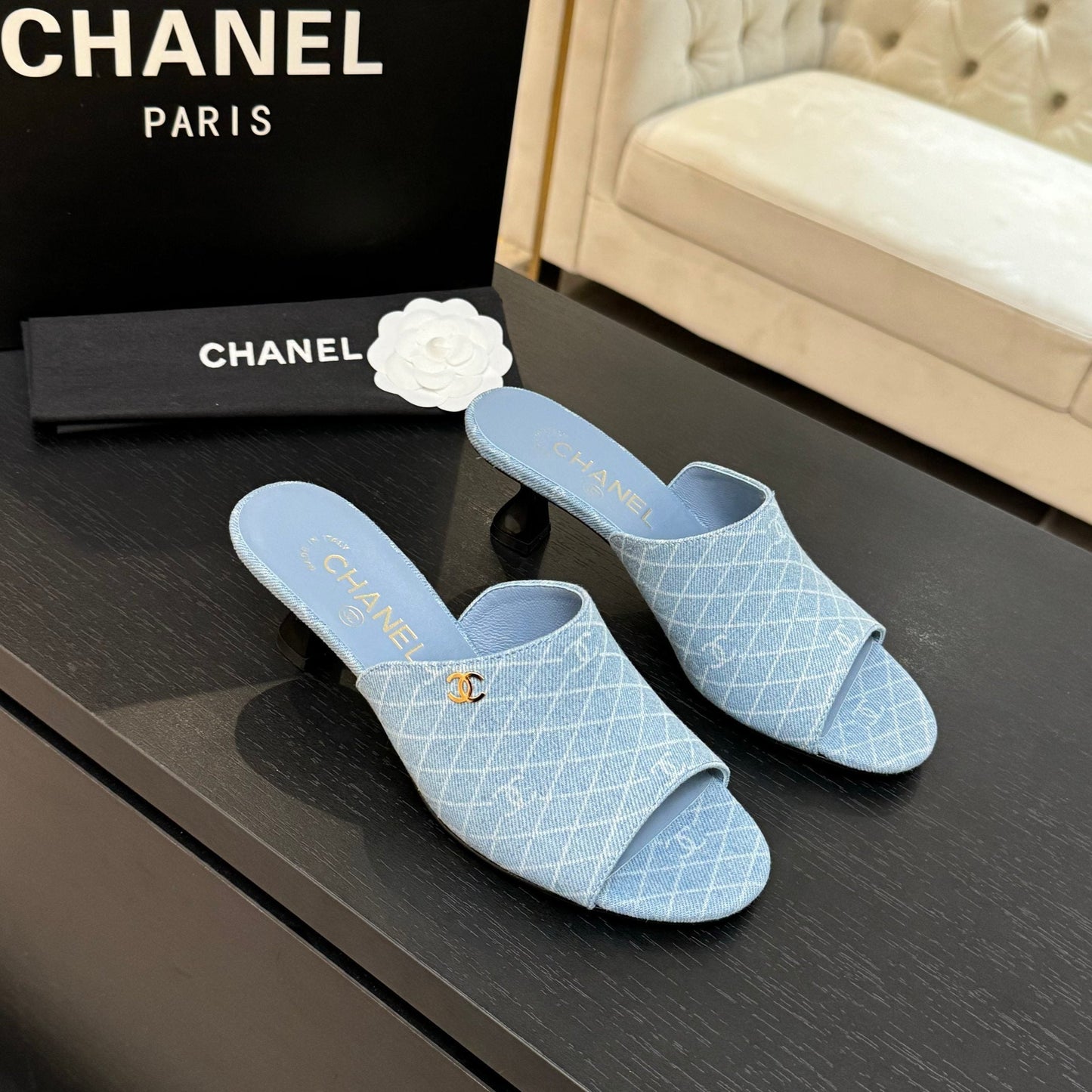 PEEP TOE MULE 55MM IN SKY BLUE DENIM CHECKERED AND LOGO - 35