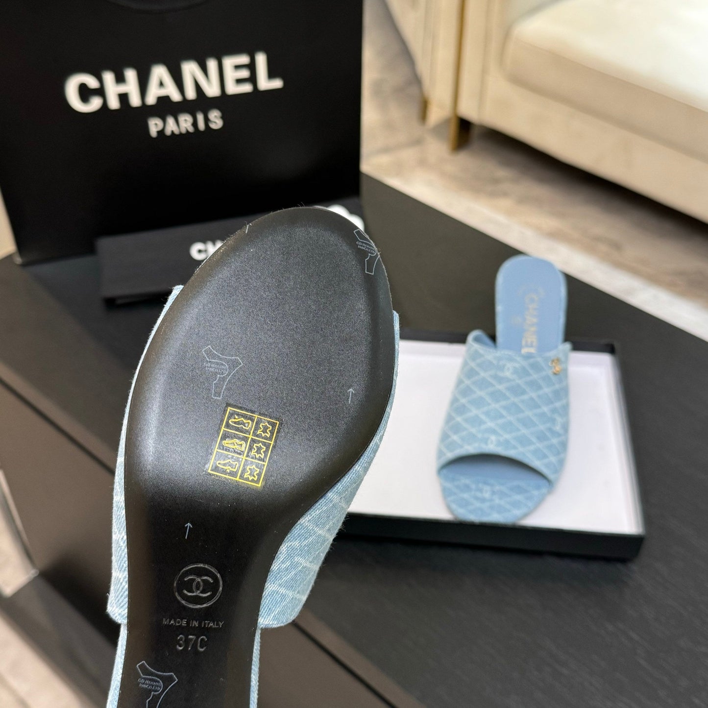 PEEP TOE MULE 55MM IN SKY BLUE DENIM CHECKERED AND LOGO - 35