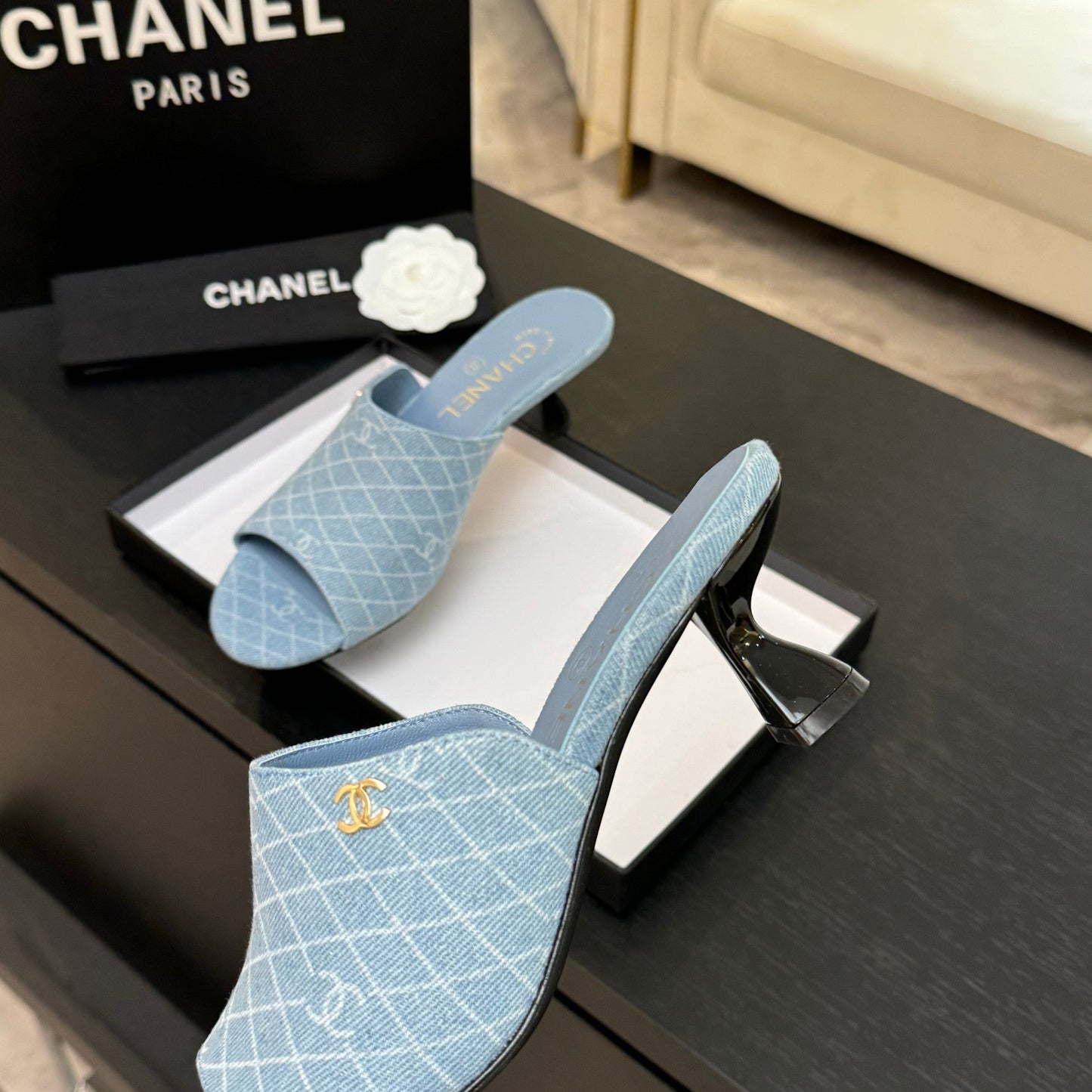 PEEP TOE MULE 55MM IN SKY BLUE DENIM CHECKERED AND LOGO - 35