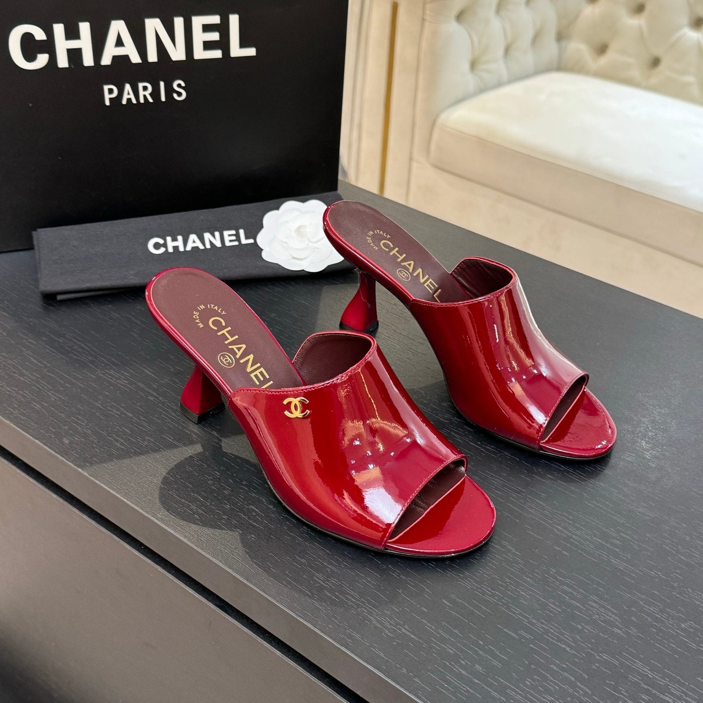 PEEP TOE MULE 85MM IN WINE RED PATENT CALFSKIN - 35