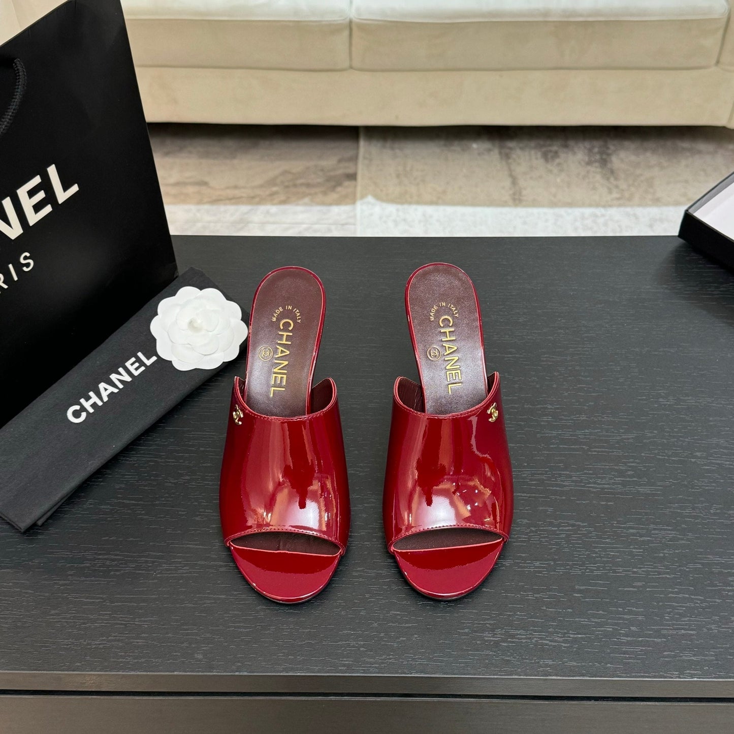 PEEP TOE MULE 85MM IN WINE RED PATENT CALFSKIN - 35