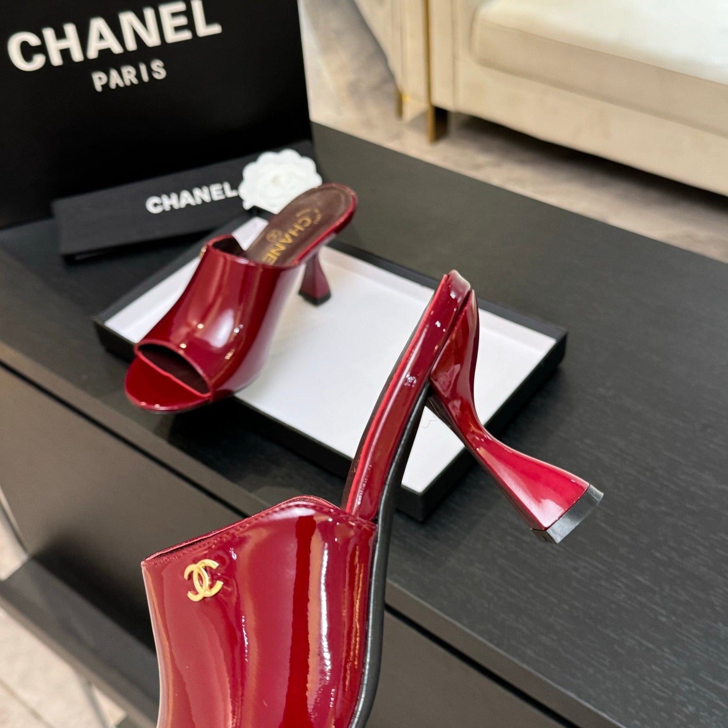 PEEP TOE MULE 85MM IN WINE RED PATENT CALFSKIN - 35