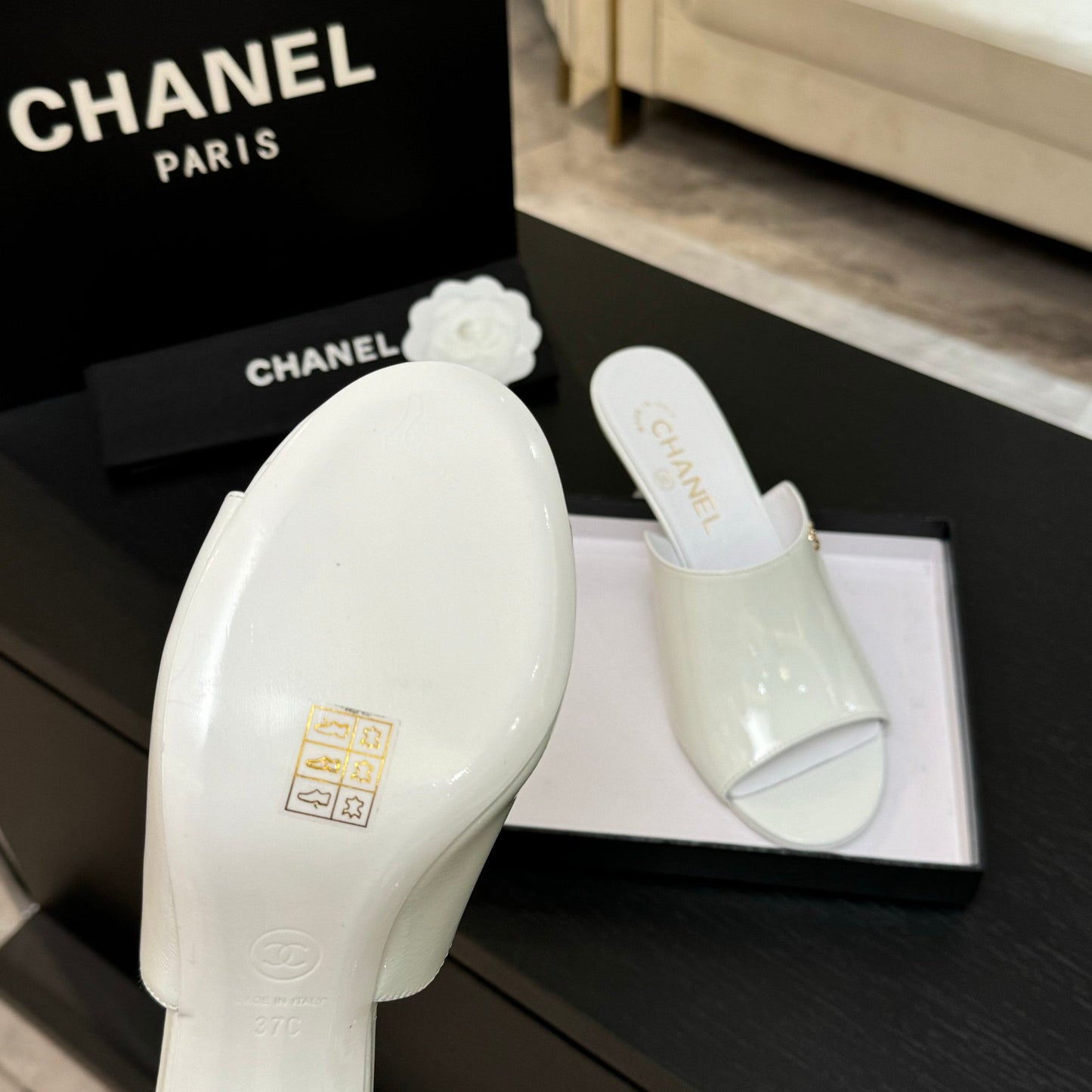 PEEP TOE MULE 85MM IN WHITE PATENT CALFSKIN - 35