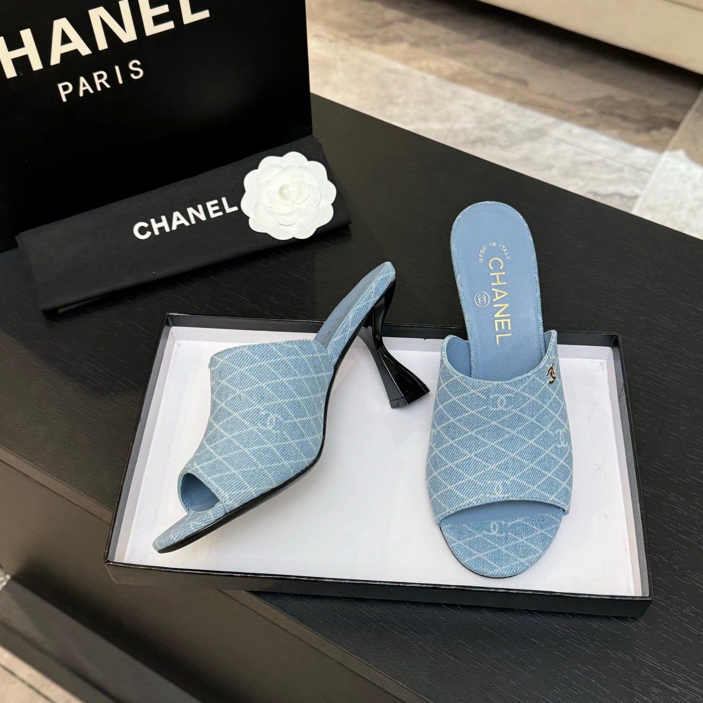 PEEP TOE MULE 85MM IN SKY BLUE DENIM CHECKERED AND LOGO - 35