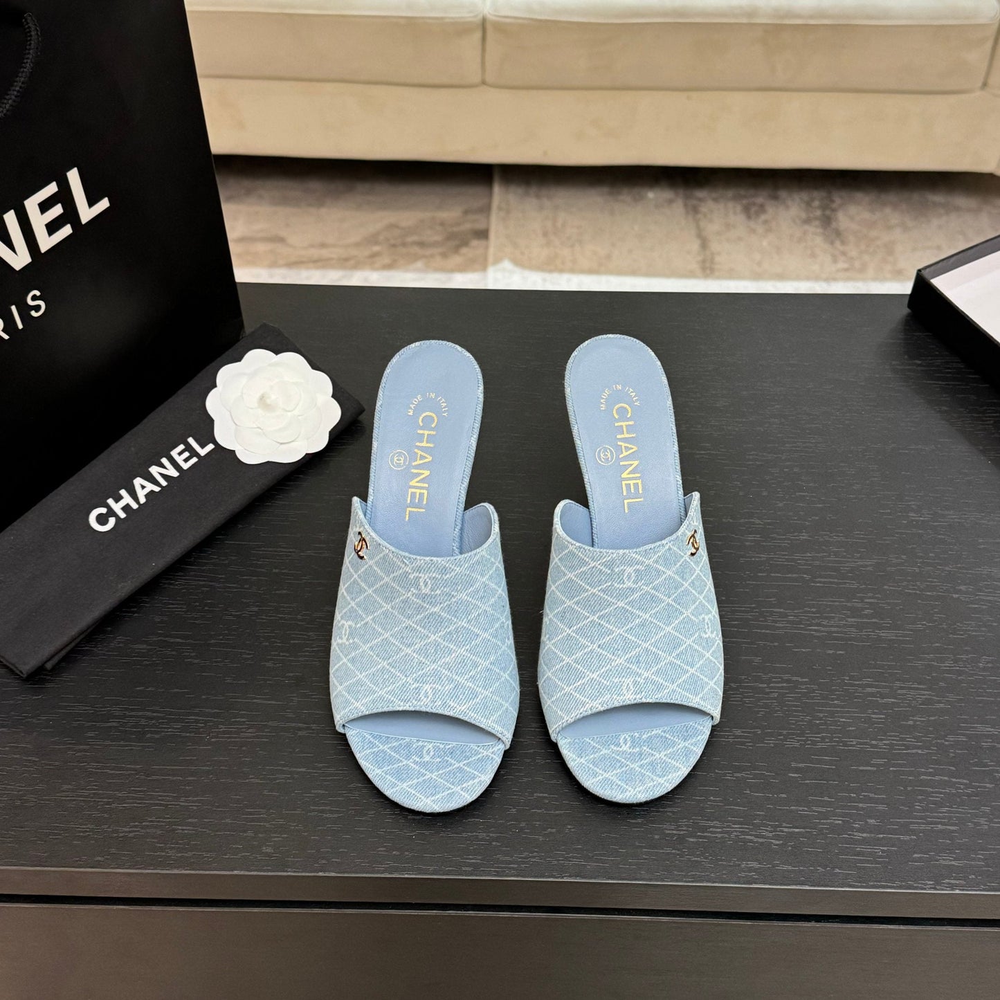 PEEP TOE MULE 85MM IN SKY BLUE DENIM CHECKERED AND LOGO - 35
