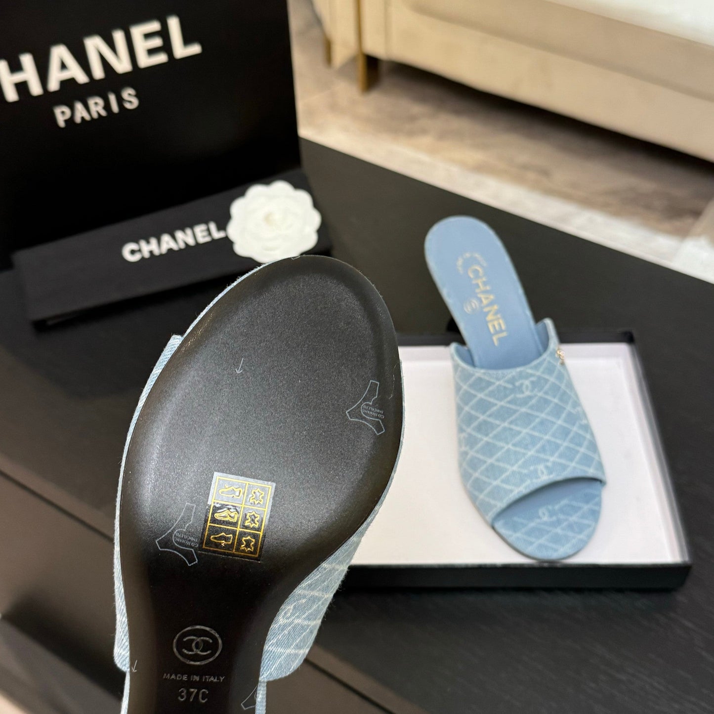 PEEP TOE MULE 85MM IN SKY BLUE DENIM CHECKERED AND LOGO - 35
