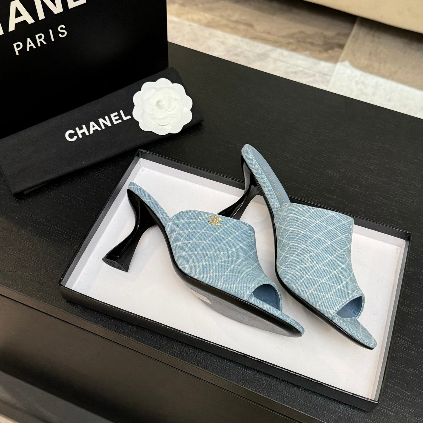 PEEP TOE MULE 85MM IN SKY BLUE DENIM CHECKERED AND LOGO - 35