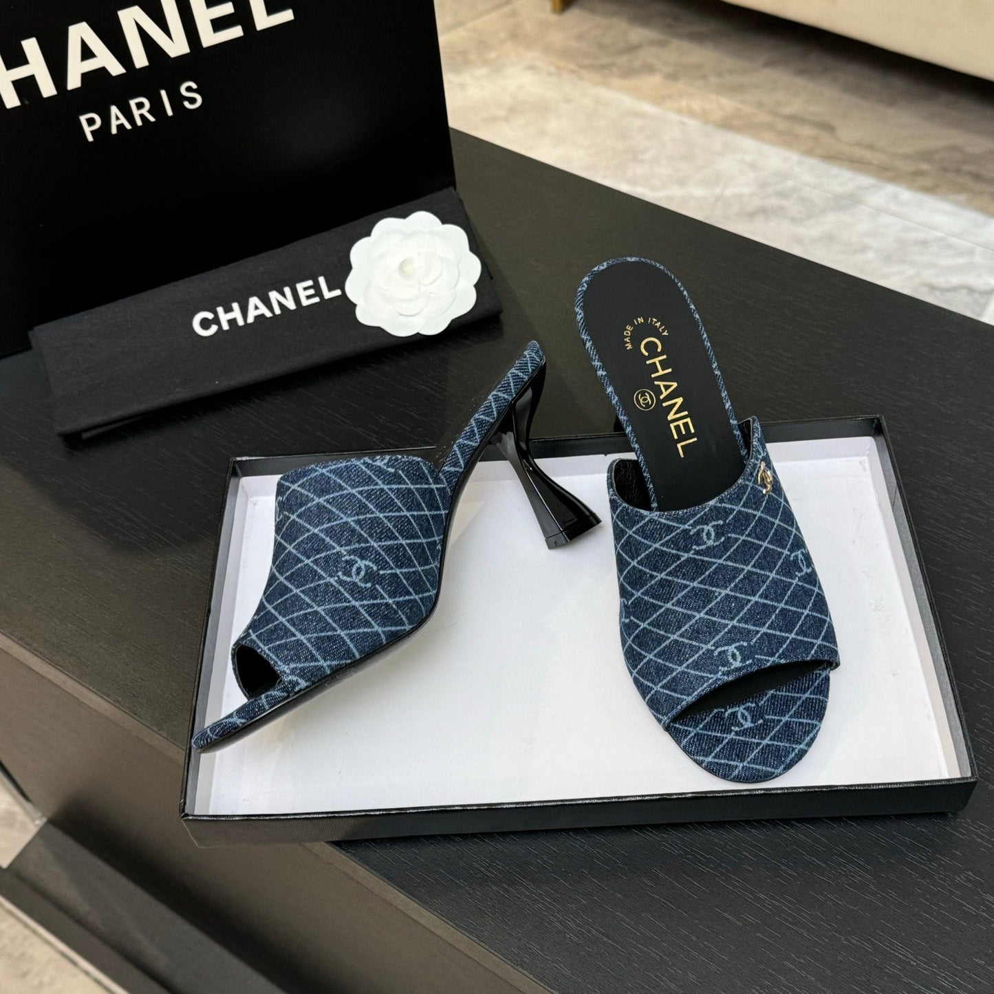 PEEP TOE MULE 85MM IN BLUE DENIM CHECKERED AND LOGO - 35