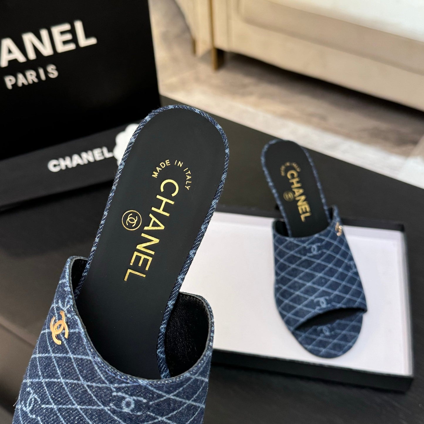 PEEP TOE MULE 85MM IN BLUE DENIM CHECKERED AND LOGO - 35