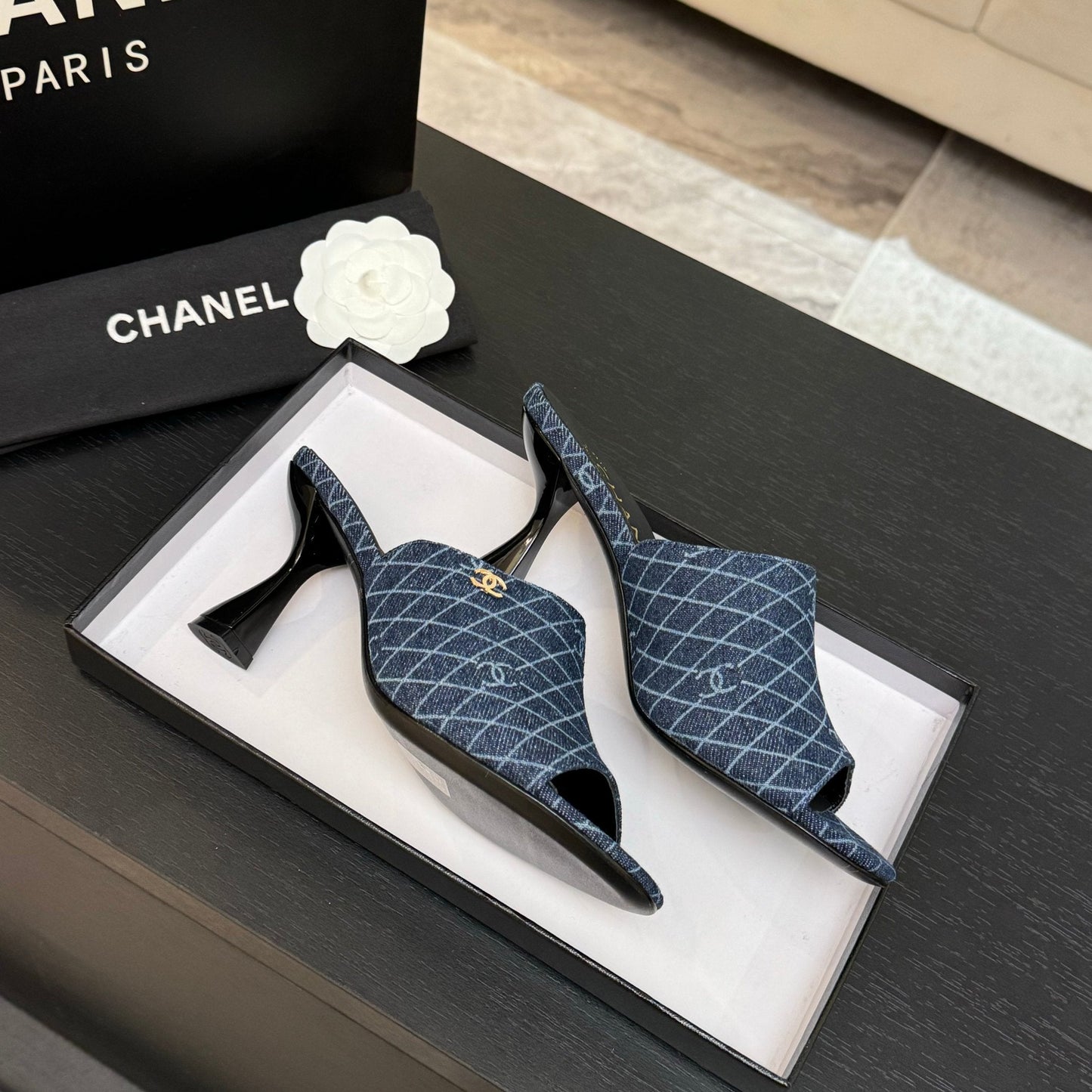 PEEP TOE MULE 85MM IN BLUE DENIM CHECKERED AND LOGO - 35