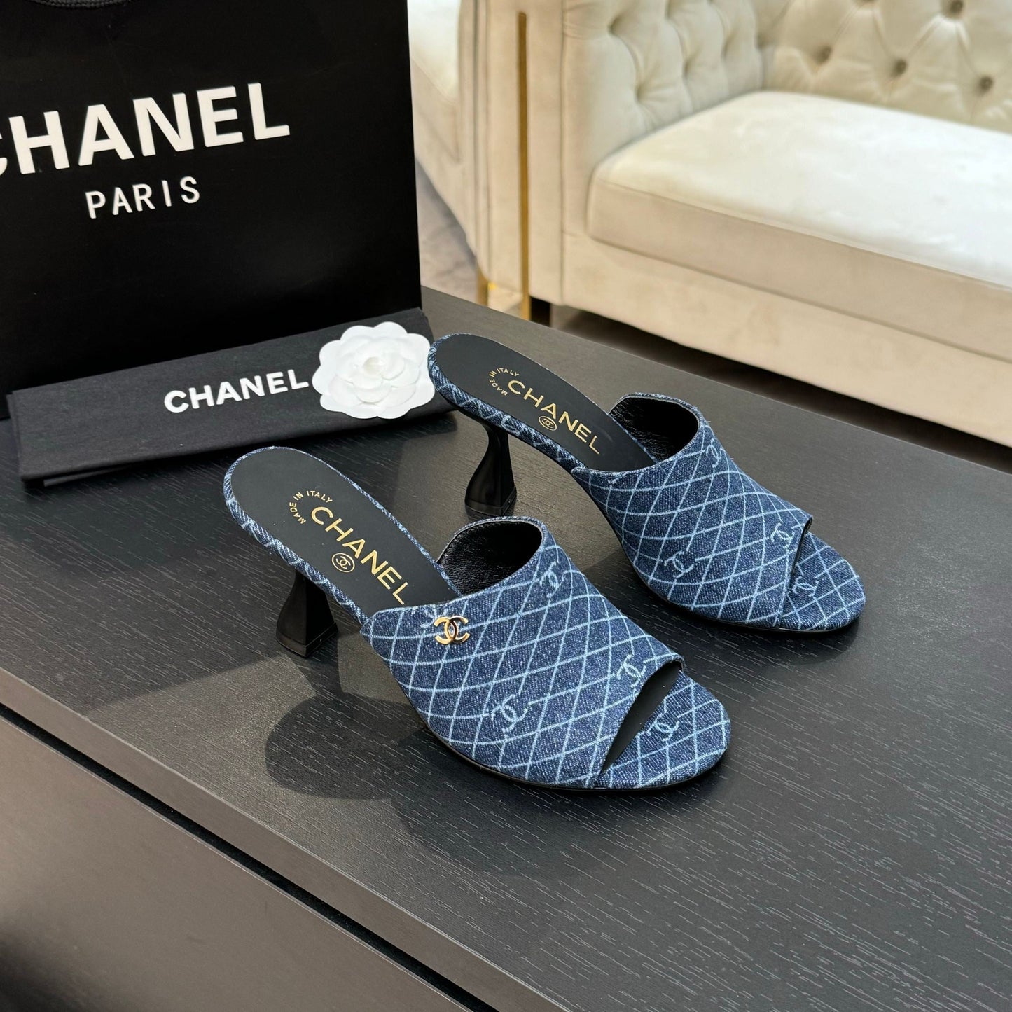PEEP TOE MULE 85MM IN BLUE DENIM CHECKERED AND LOGO - 35