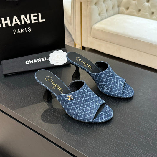 PEEP TOE MULE 85MM IN BLUE DENIM CHECKERED AND LOGO - 35