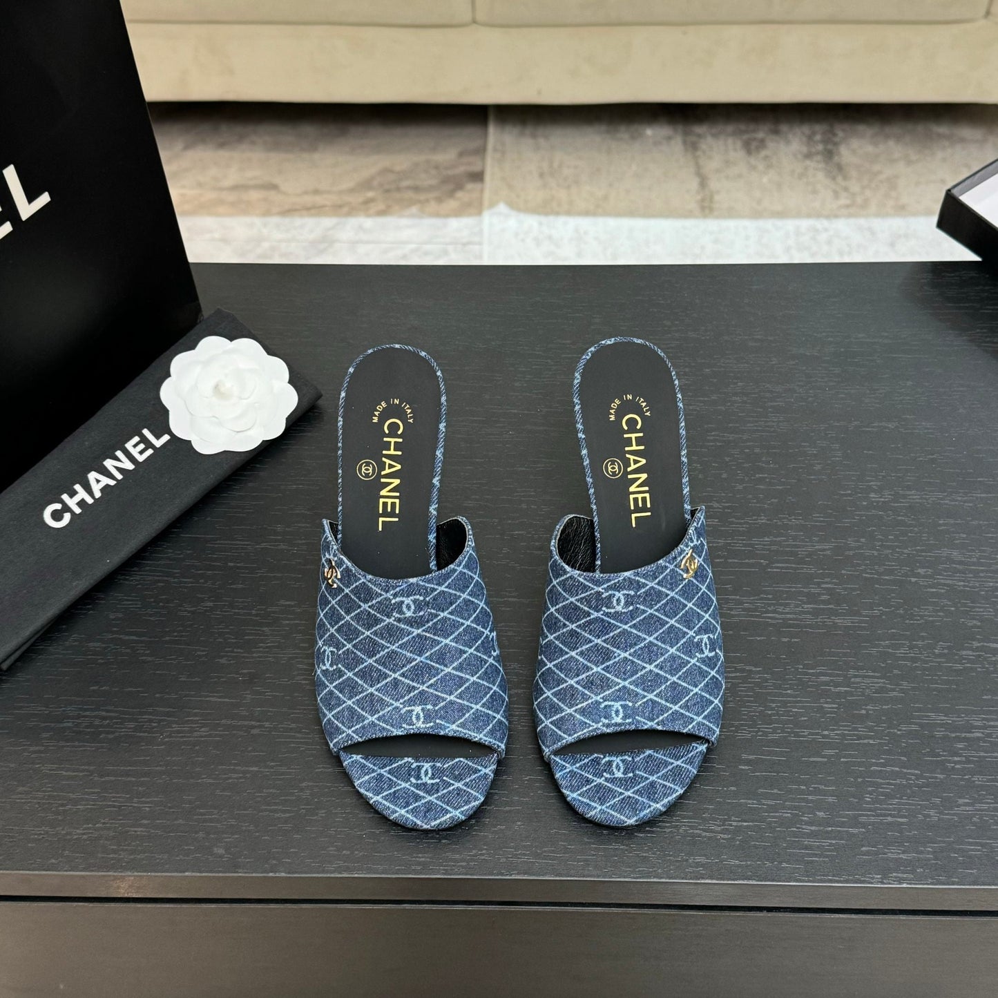 PEEP TOE MULE 85MM IN BLUE DENIM CHECKERED AND LOGO - 35