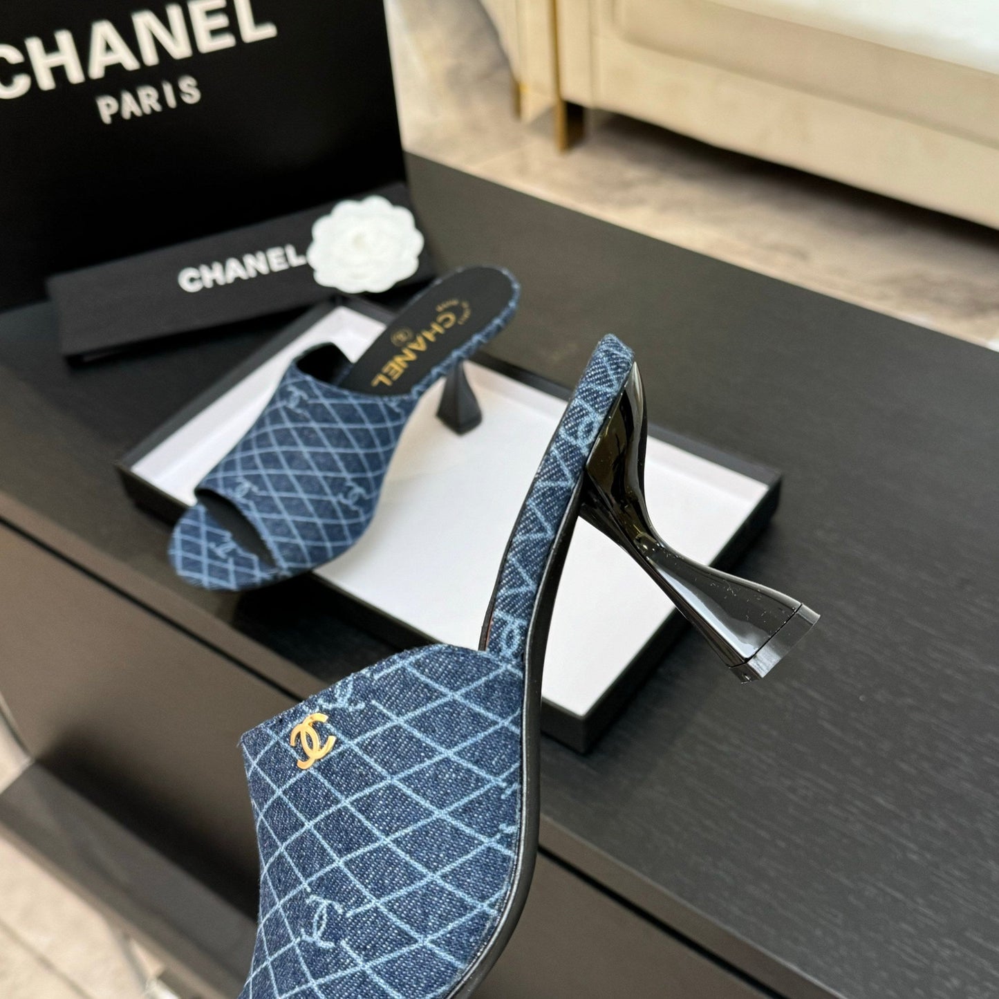PEEP TOE MULE 85MM IN BLUE DENIM CHECKERED AND LOGO - 35