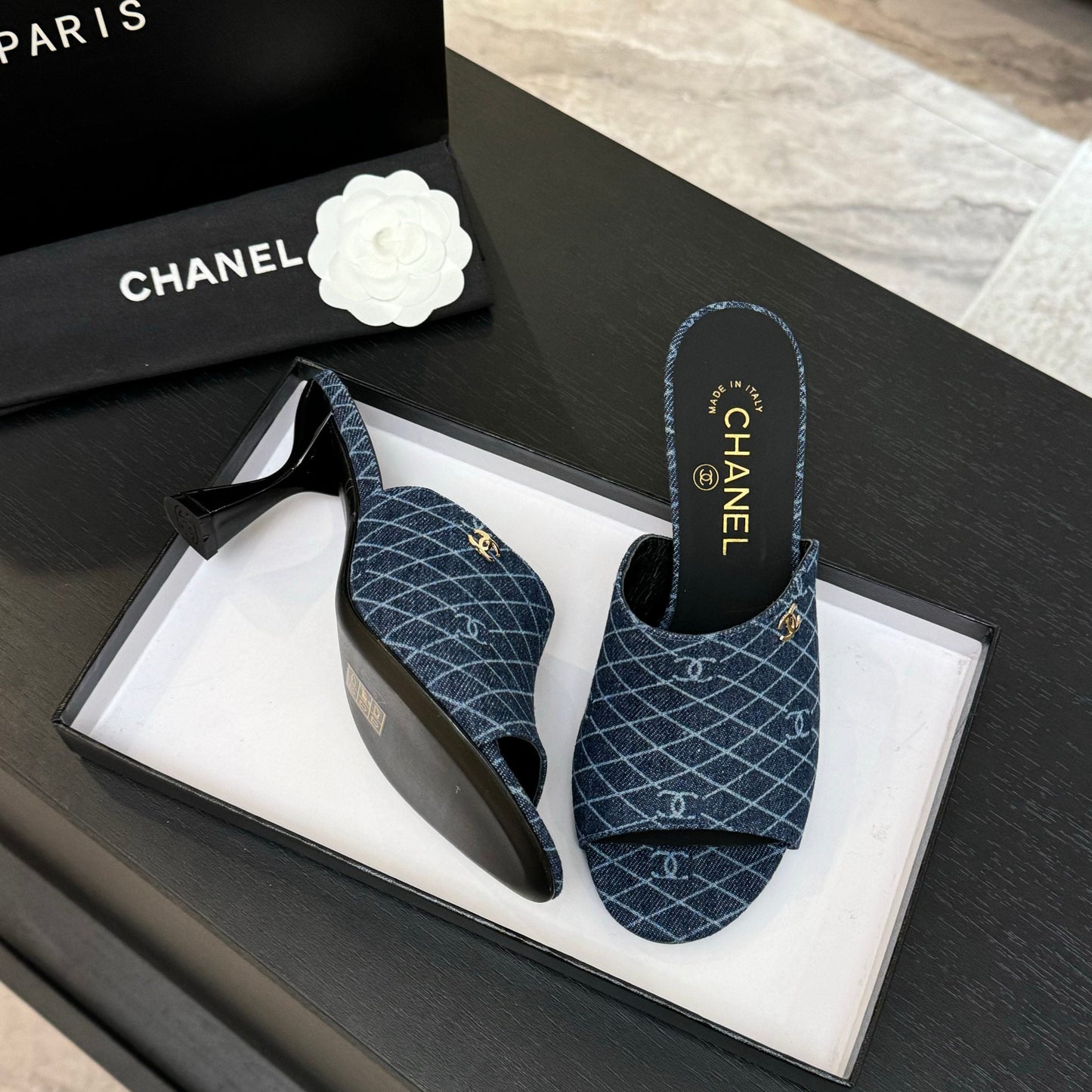 PEEP TOE MULE 85MM IN BLUE DENIM CHECKERED AND LOGO - 35