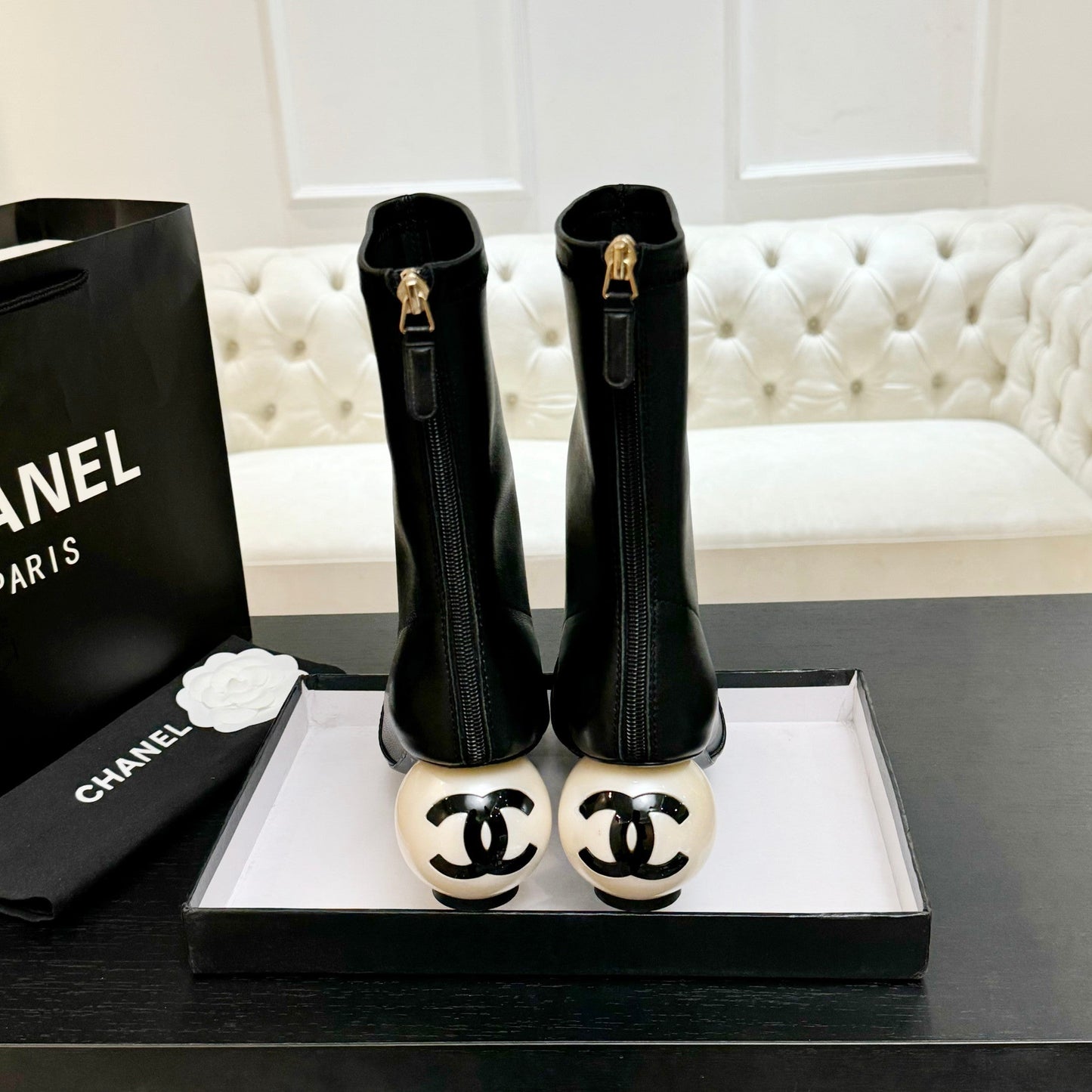 CC PEARL BOOTS 65MM IN BLACK CALFSKIN - 35