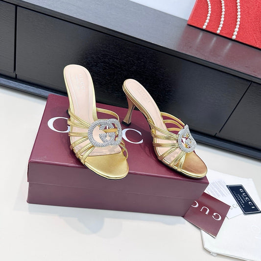 БОСОНІЖКИ НА ПІДБОРАХ GUCCI 26S 85 ММ ІЗ ЗОЛОТОЇ ТЕЛЯЧОЇ ШКІРИ З КРИСТАЛАМИ
