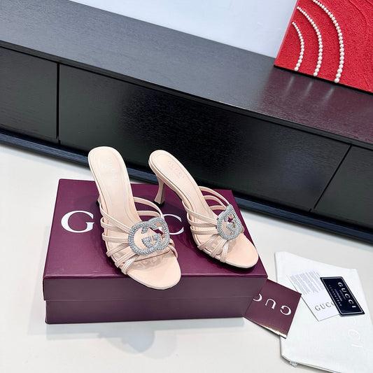 БОСОНІЖКИ GUCCI 26S НА ПІДБОРАХ 85 ММ З ТЕЛЯЧОЇ ШКІРИ НЮДОВО-РОЖЕВОГО КОЛЬОРУ З КРИСТАЛАМИ