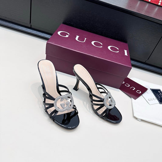 GUCCI БОСОНІЖКИ НА ПІДБОРАХ 26S 85 ММ З ЧОРНОЇ ТЕЛЯЧОЇ ШКІРИ З КРИСТАЛАМИ