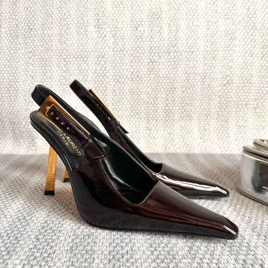LEE SLINGBACK PUMPS 105 IN MAROON PATENT LEATHER GOLD HEEL - 35