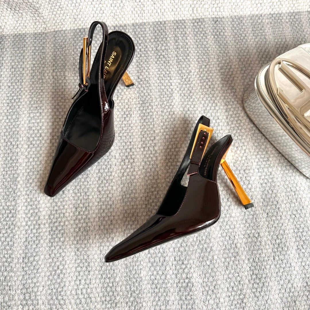 LEE SLINGBACK PUMPS 105 IN MAROON PATENT LEATHER GOLD HEEL - 35