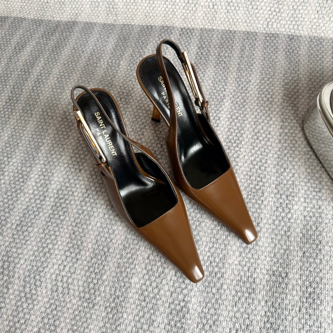 LEE SLINGBACK PUMPS 105 IN BROWN PATENT LEATHER GOLD HEEL - 35