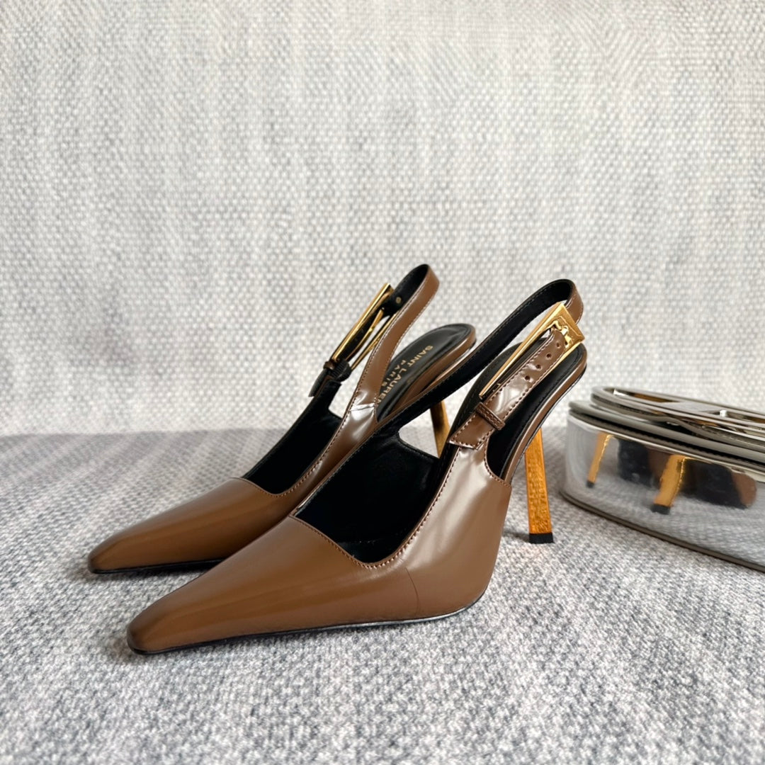 LEE SLINGBACK PUMPS 105 IN BROWN PATENT LEATHER GOLD HEEL - 35