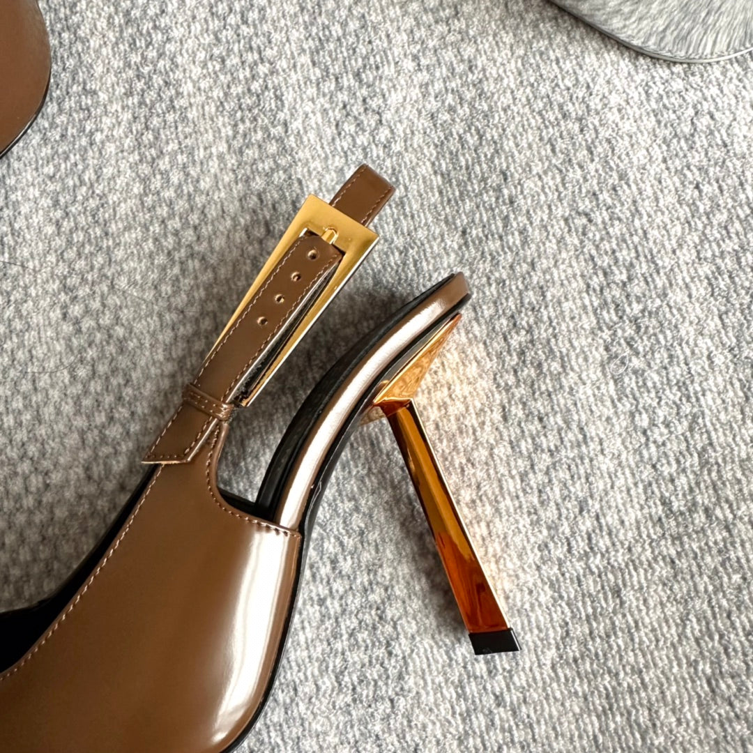 LEE SLINGBACK PUMPS 105 IN BROWN PATENT LEATHER GOLD HEEL - 35