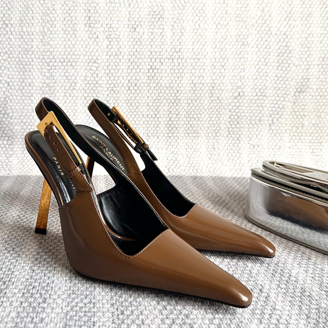 LEE SLINGBACK PUMPS 105 IN BROWN PATENT LEATHER GOLD HEEL - 35