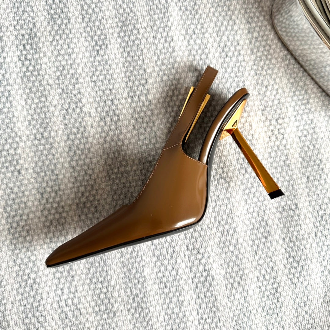 LEE SLINGBACK PUMPS 105 IN BROWN PATENT LEATHER GOLD HEEL - 35