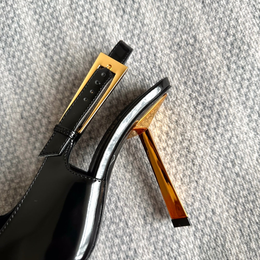 LEE SLINGBACK PUMPS 105 IN BLACK PATENT LEATHER GOLD HEEL - 35