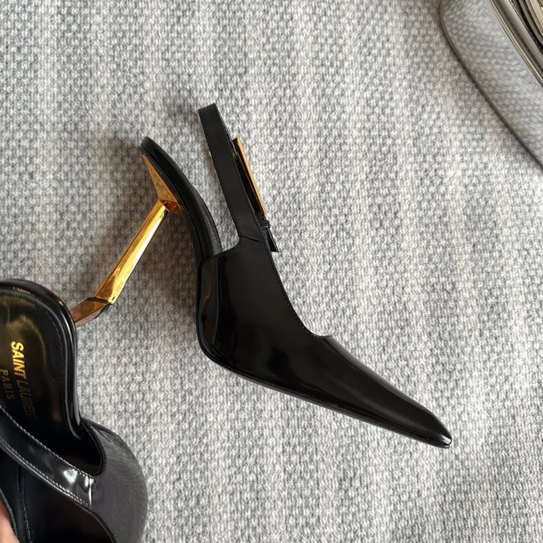 LEE SLINGBACK PUMPS 105 IN BLACK PATENT LEATHER GOLD HEEL - 35