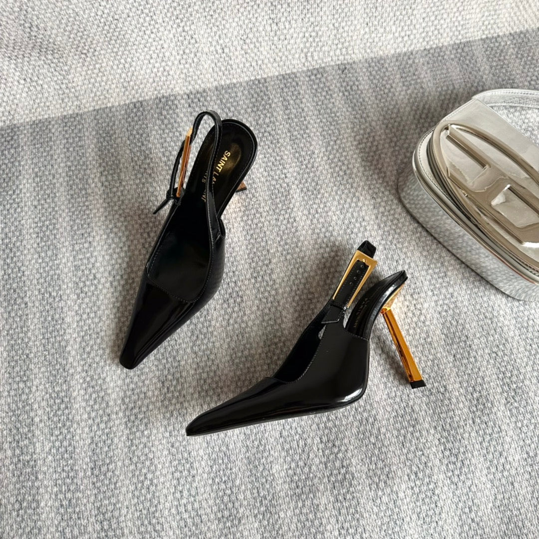 LEE SLINGBACK PUMPS 105 IN BLACK PATENT LEATHER GOLD HEEL - 35