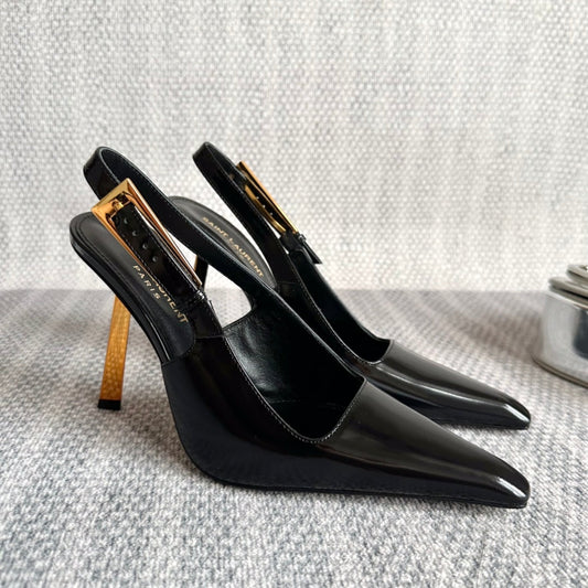 LEE SLINGBACK PUMPS 105 IN BLACK PATENT LEATHER GOLD HEEL - 35