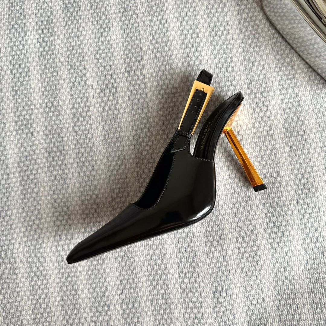 LEE SLINGBACK PUMPS 105 IN BLACK PATENT LEATHER GOLD HEEL - 35