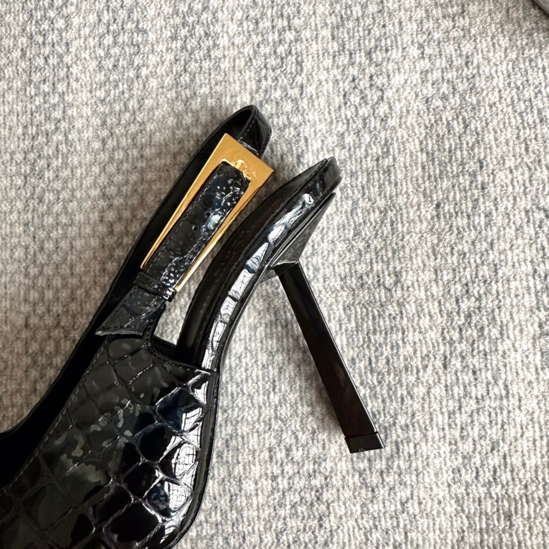 LEE SLINGBACK PUMPS 105 IN BLACK CROCODILE-EMBOSSED LEATHER - 35