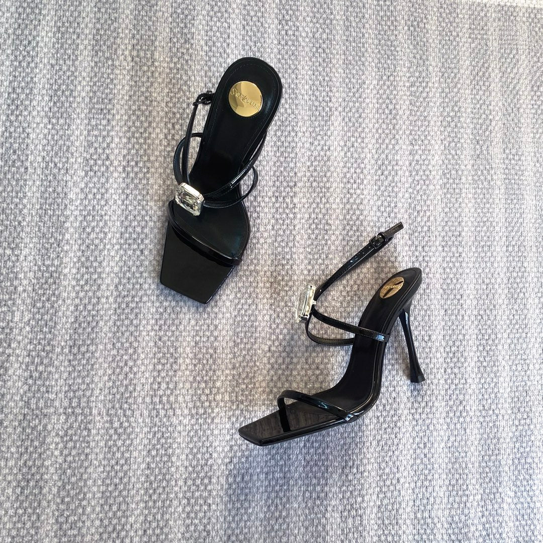HIGH MULES WITH GEM IN BLACK GLOSSY CALFSKIN - 35