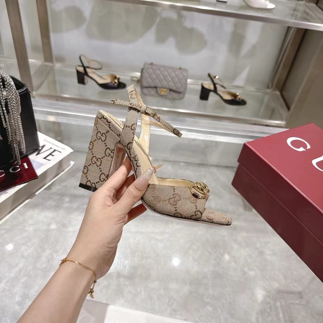GG HEELED SANDALS 95MM IN DARK BEIGE CANVAS WITH GOLD HARDWARE - 35