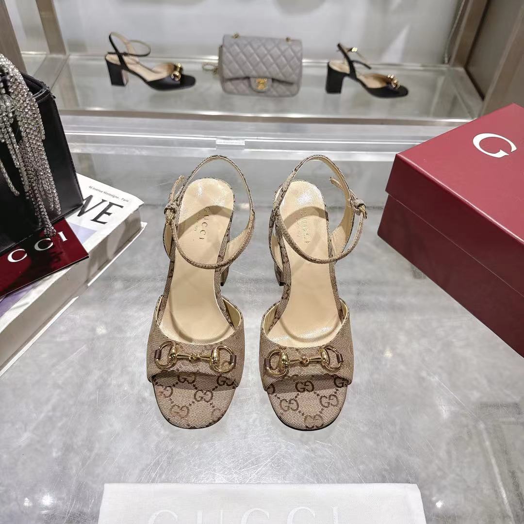 GG HEELED SANDALS 95MM IN DARK BEIGE CANVAS WITH GOLD HARDWARE - 35