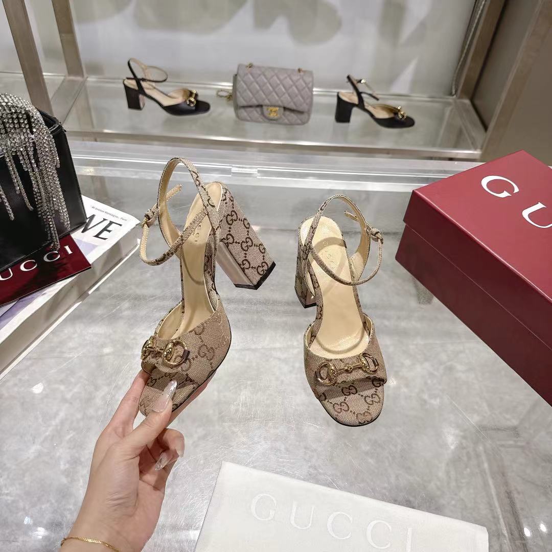 GG HEELED SANDALS 95MM IN DARK BEIGE CANVAS WITH GOLD HARDWARE - 35