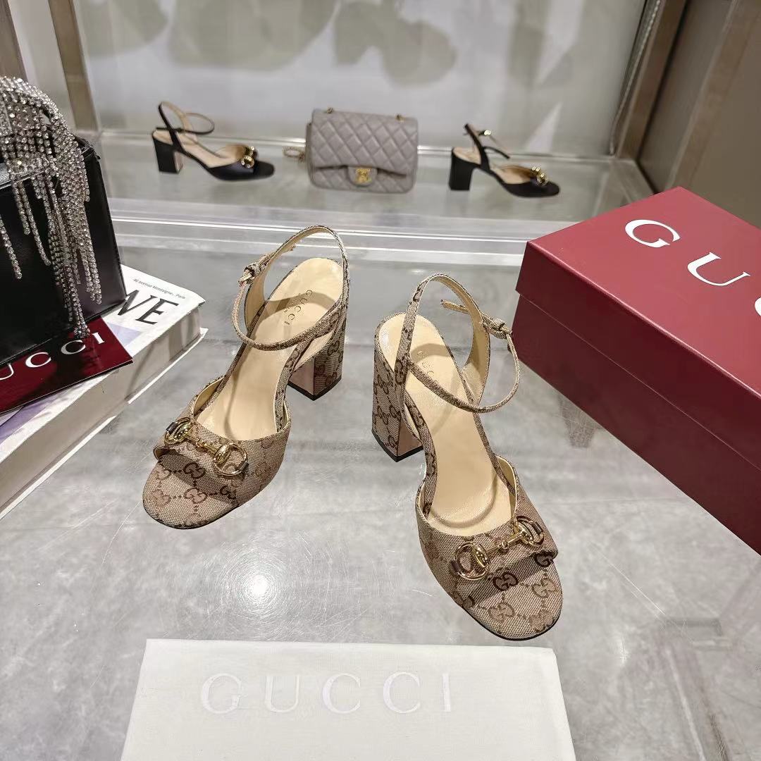 GG HEELED SANDALS 95MM IN DARK BEIGE CANVAS WITH GOLD HARDWARE - 35