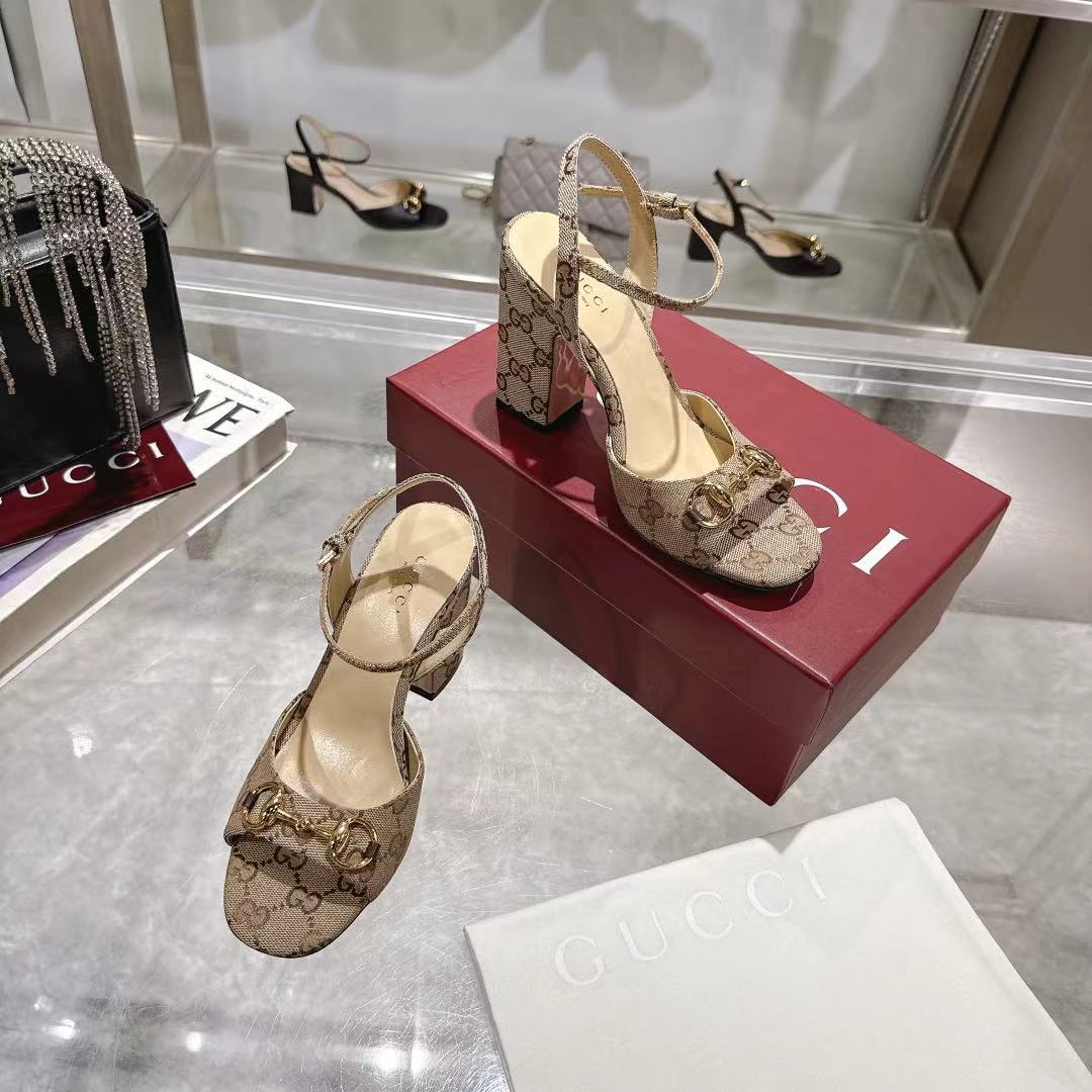 GG HEELED SANDALS 95MM IN DARK BEIGE CANVAS WITH GOLD HARDWARE - 35
