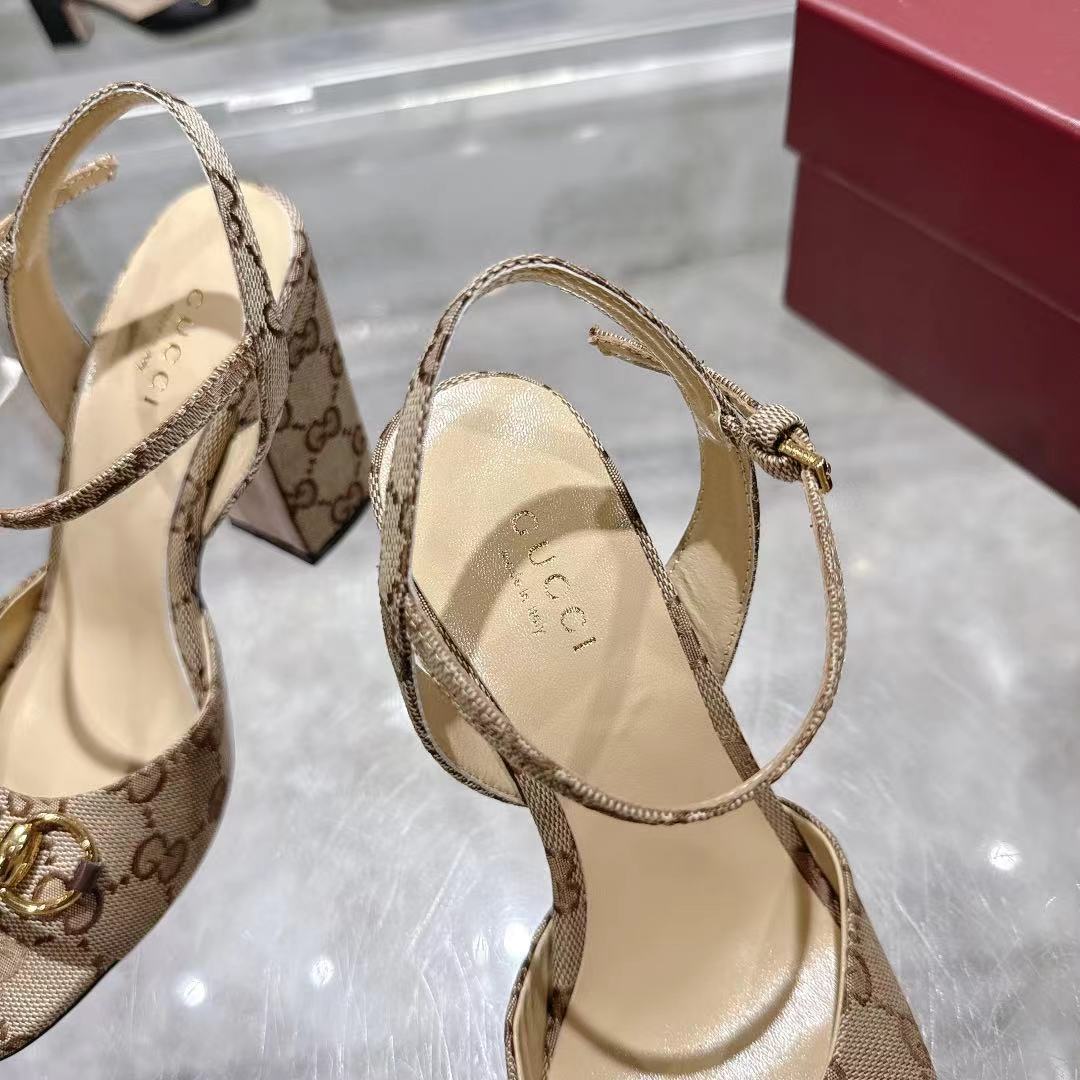 GG HEELED SANDALS 95MM IN DARK BEIGE CANVAS WITH GOLD HARDWARE - 35