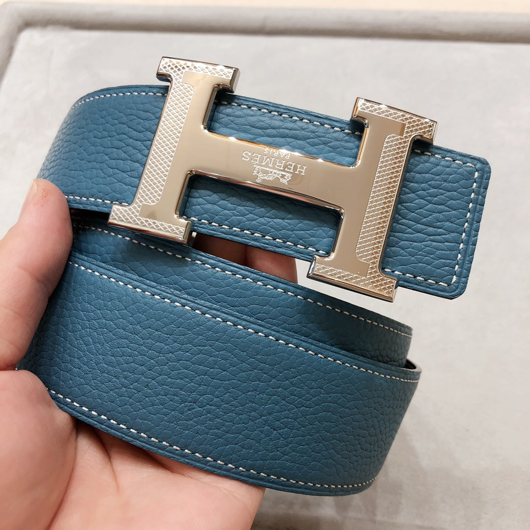 HM H D'ANCRE BELT BUCKLE & REVERSIBLE BLUE GREEN LEATHER STRAP 38 MM SILVER HARDWARE - 30