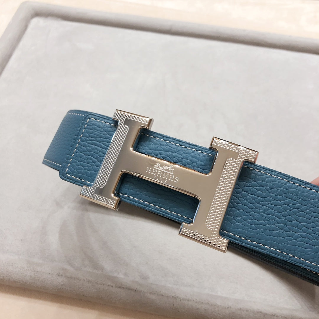 HM H D'ANCRE BELT BUCKLE & REVERSIBLE BLUE GREEN LEATHER STRAP 38 MM SILVER HARDWARE - 30