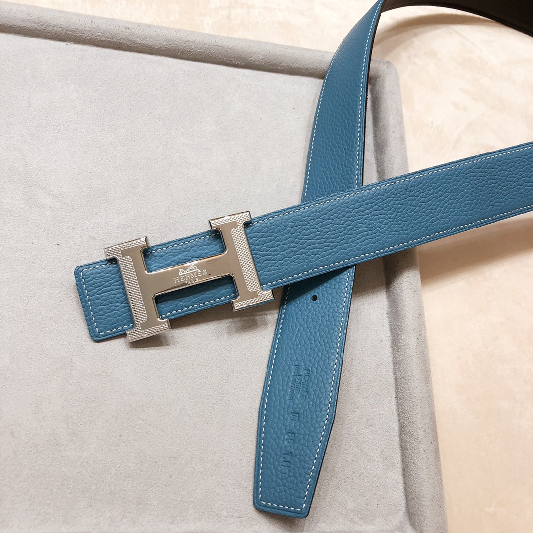 HM H D'ANCRE BELT BUCKLE & REVERSIBLE BLUE GREEN LEATHER STRAP 38 MM SILVER HARDWARE - 30