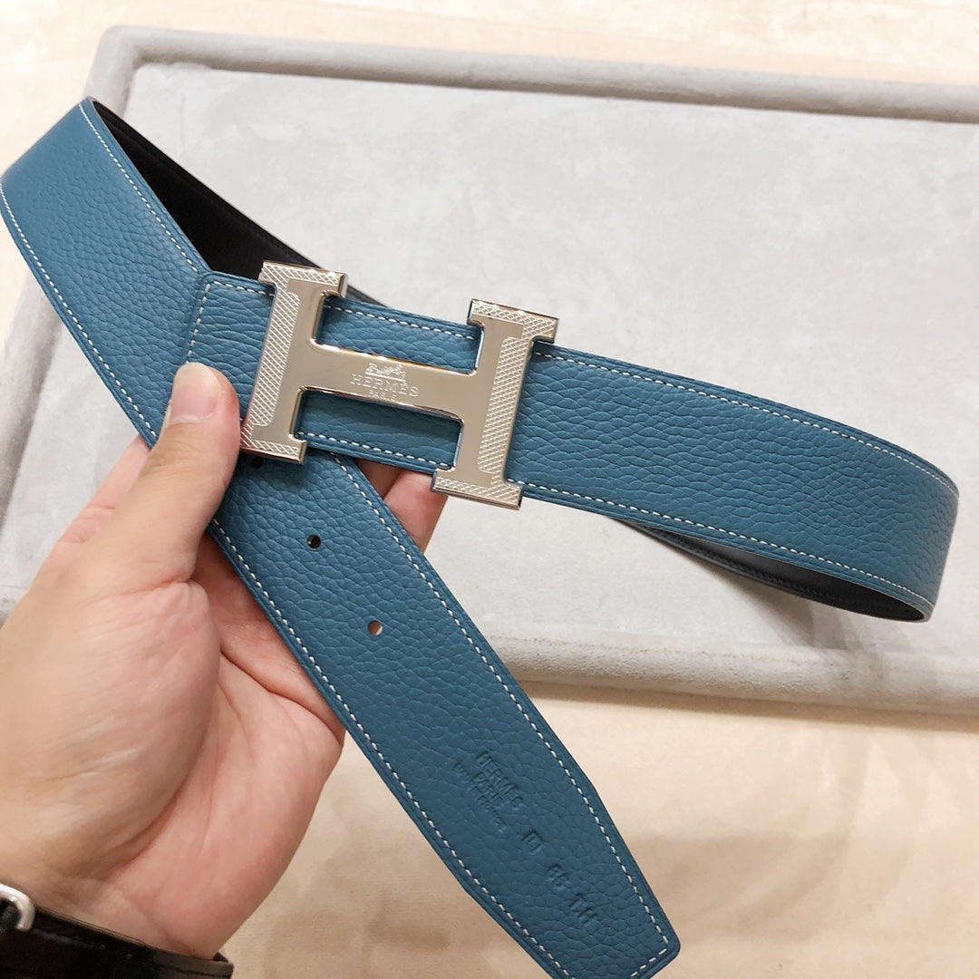 HM H D'ANCRE BELT BUCKLE & REVERSIBLE BLUE GREEN LEATHER STRAP 38 MM SILVER HARDWARE - 30