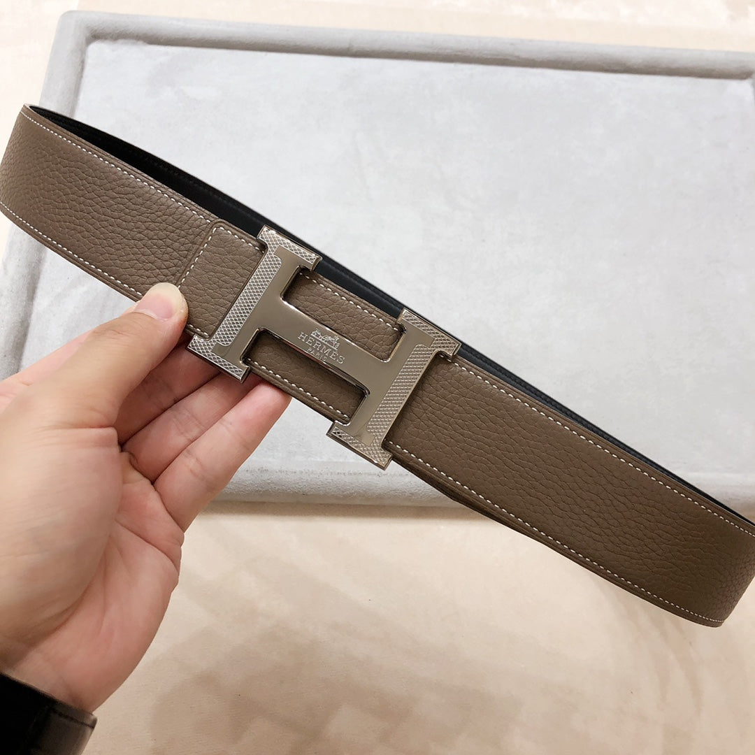 HM H D'ANCRE BELT BUCKLE & REVERSIBLE COFFEE BROWN LEATHER STRAP 38 MM SILVER HARDWARE - 30