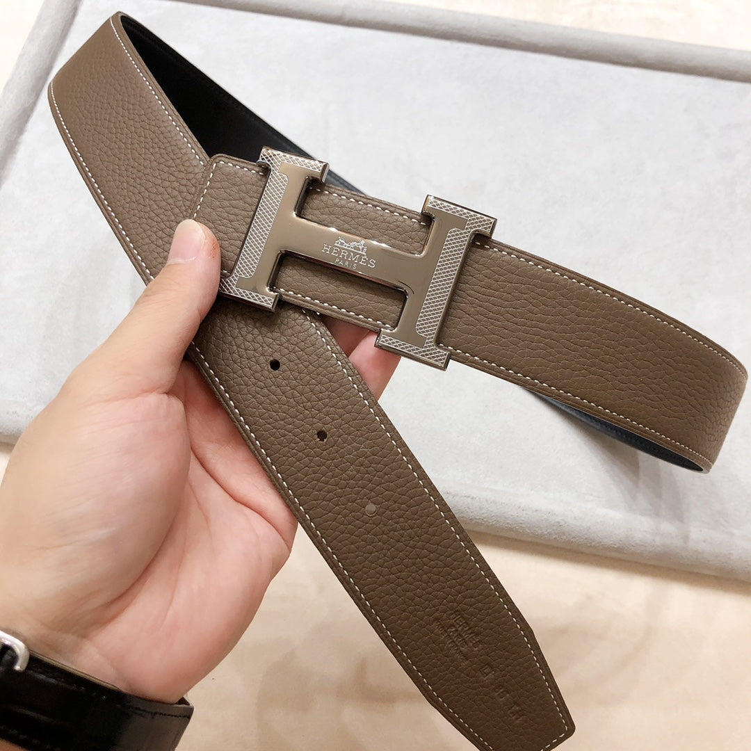 HM H D'ANCRE BELT BUCKLE & REVERSIBLE COFFEE BROWN LEATHER STRAP 38 MM SILVER HARDWARE - 30